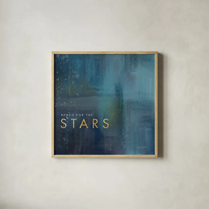 Stars Gold by Mercedes Lopez Charro. Shown in a natural wood glass frame for a timeless modern aesthetic. Available as an archival giclee rolled canvas, fine art paper, or poster print. SKU 74524a.