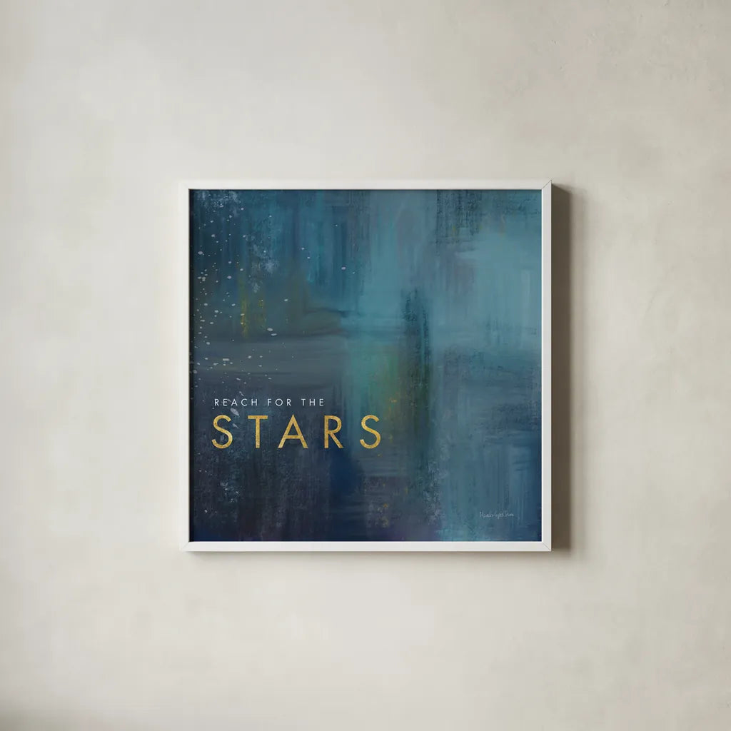 Stars Gold by Mercedes Lopez Charro. Shown in a crisp white glass frame for a clean and minimalist style. Available as an archival giclee rolled canvas, fine art paper, or poster print. SKU 74524a.