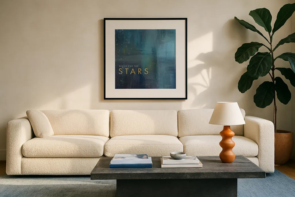 Stars Gold by Mercedes Lopez Charro. Displayed in a glass frame with matte in a clean modern living room. Available as an archival giclee rolled canvas, fine art paper, or poster print. SKU 74524a.