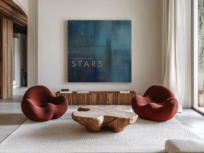 Stars Gold by Mercedes Lopez Charro. Shown as extra-large giant wall art in a modern living room. Available as an archival giclee rolled canvas, fine art paper, or poster print. SKU 74524a.