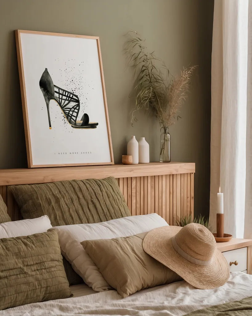 Stiletto Style I by Mercedes Lopez Charro. shown as a paper print in a natural frame. Available as a archival giclee rolled canvas, fine art paper, or poster print. SKU 67957h.