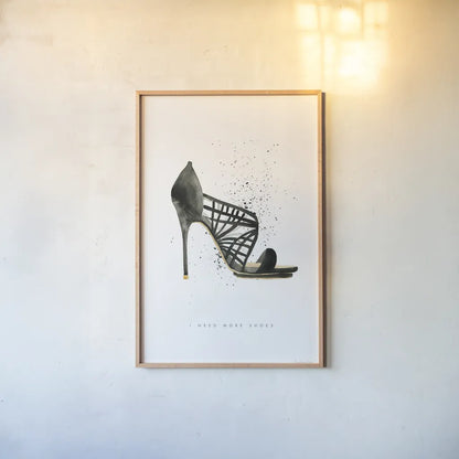 Stiletto Style I by Mercedes Lopez Charro. shown as a paper print in a natural frame. Available as a archival giclee rolled canvas, fine art paper, or poster print. SKU 67957h.