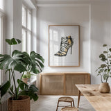 Stiletto Style II by Mercedes Lopez Charro. shown as a print in a natural wood frame in a dining room. Available as a archival giclee rolled canvas, fine art paper, or poster print. SKU 67958h.