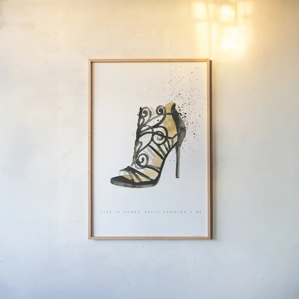 Stiletto Style II by Mercedes Lopez Charro. shown as a paper print in a natural frame. Available as a archival giclee rolled canvas, fine art paper, or poster print. SKU 67958h.