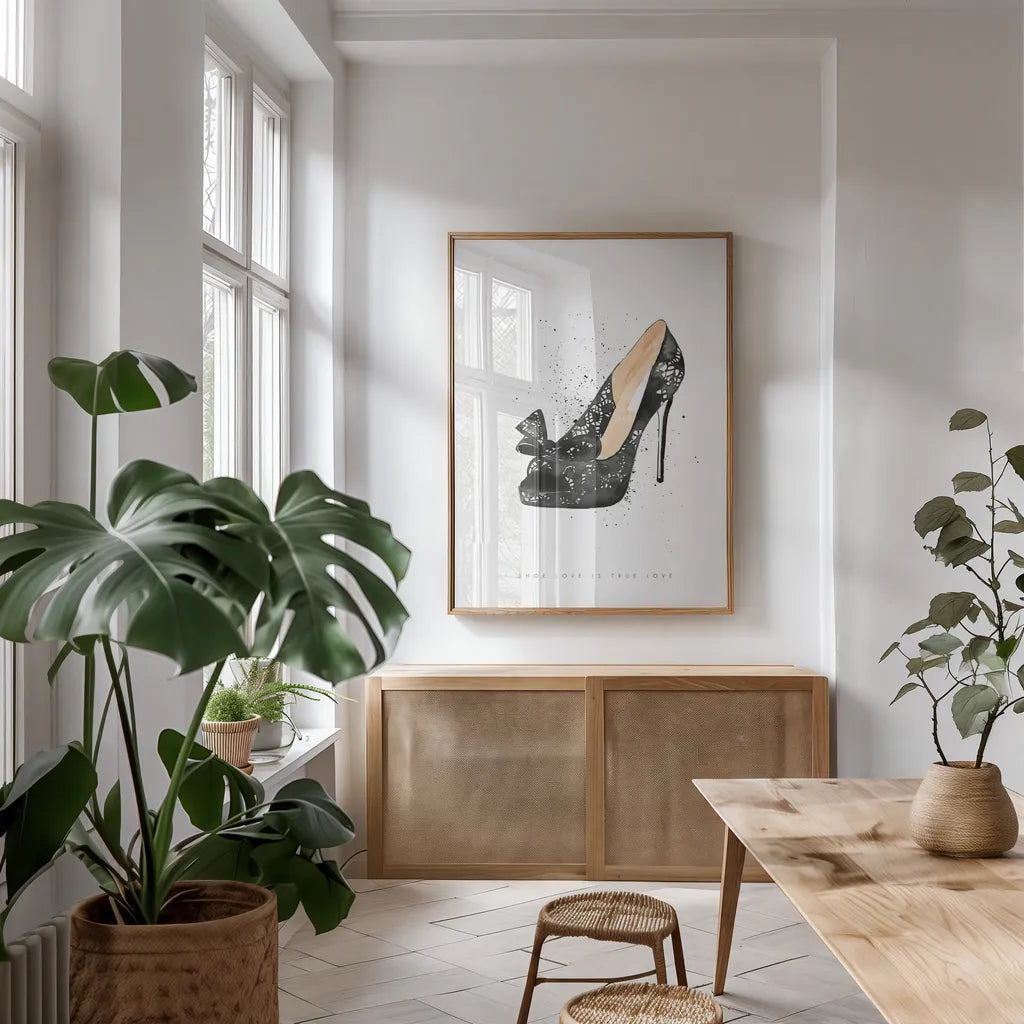 Stiletto Style IV by Mercedes Lopez Charro. shown as a print in a natural wood frame in a dining room. Available as a archival giclee rolled canvas, fine art paper, or poster print. SKU 67960h.