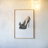 Stiletto Style IV by Mercedes Lopez Charro. shown as a paper print in a natural frame. Available as a archival giclee rolled canvas, fine art paper, or poster print. SKU 67960h.