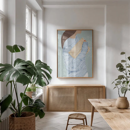 Striped I by Mercedes Lopez Charro. shown as a print in a natural wood frame in a dining room. Available as a archival giclee rolled canvas, fine art paper, or poster print. SKU 85784h.
