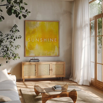 Sunshine by Mercedes Lopez Charro. Shown in a natural wood frame in a cozy modern living room. Available as an archival giclee rolled canvas, fine art paper, or poster print. SKU 67817a.