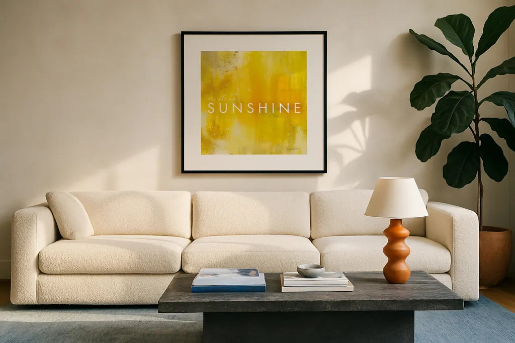 Sunshine by Mercedes Lopez Charro. Displayed in a glass frame with matte in a clean modern living room. Available as an archival giclee rolled canvas, fine art paper, or poster print. SKU 67817a.
