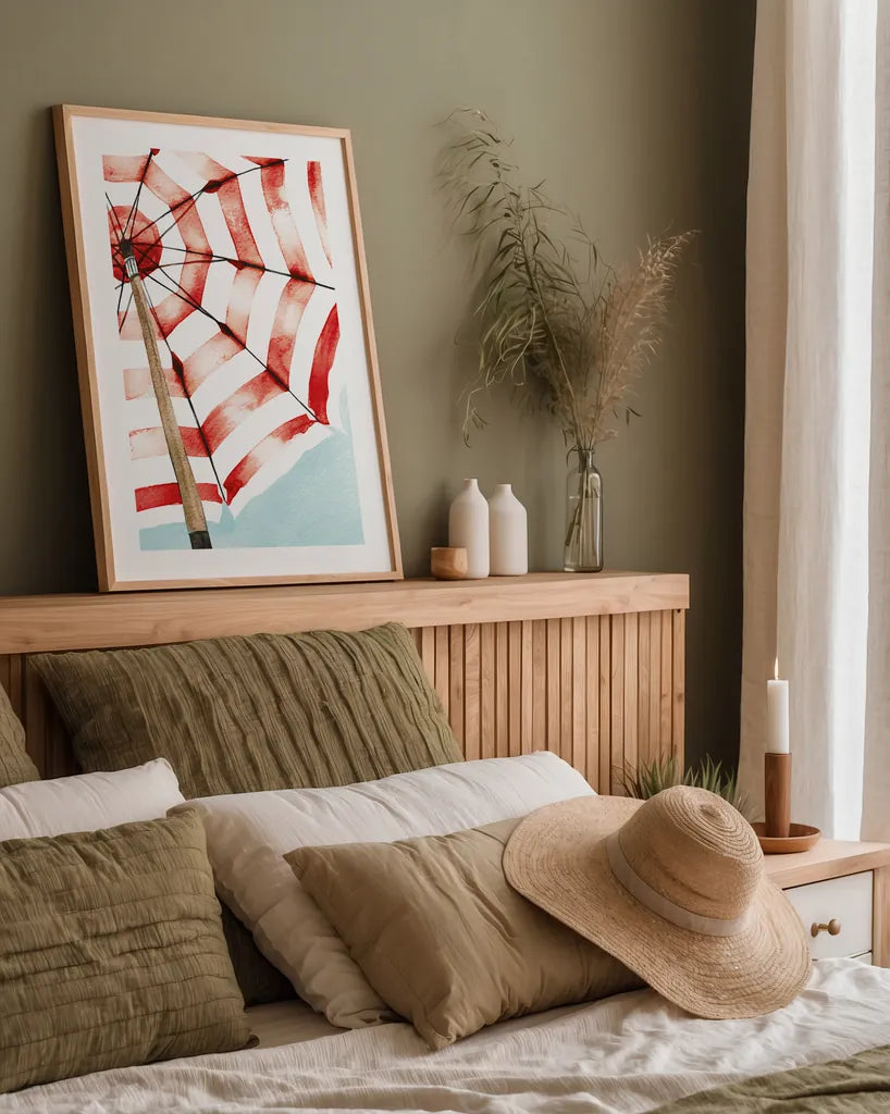 Surf and Sun I Red by Mercedes Lopez Charro. shown as a paper print in a natural frame. Available as a archival giclee rolled canvas, fine art paper, or poster print. SKU 88624h.