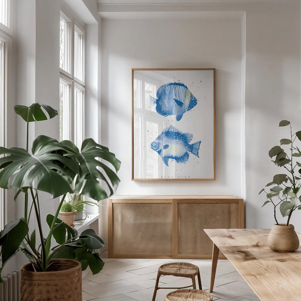 Tropical Fish by Mercedes Lopez Charro. shown as a print in a natural wood frame in a dining room. Available as a archival giclee rolled canvas, fine art paper, or poster print. SKU 69377h.
