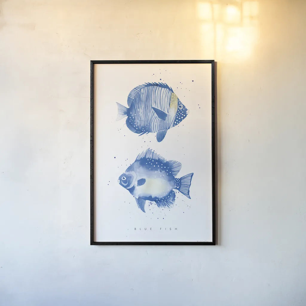 Tropical Fish by Mercedes Lopez Charro. shown as a paper print in a black flame. Available as a archival giclee rolled canvas, fine art paper, or poster print. SKU 69377h.