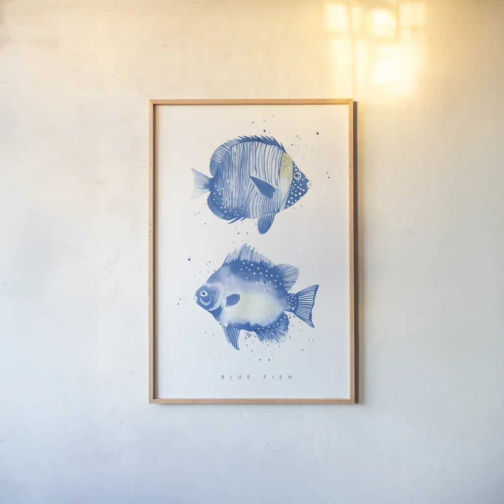 Tropical Fish by Mercedes Lopez Charro. shown as a paper print in a natural frame. Available as a archival giclee rolled canvas, fine art paper, or poster print. SKU 69377h.