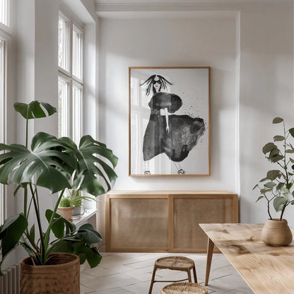 Uptown Fashion I by Mercedes Lopez Charro. shown as a print in a natural wood frame in a dining room. Available as a archival giclee rolled canvas, fine art paper, or poster print. SKU 67038h.