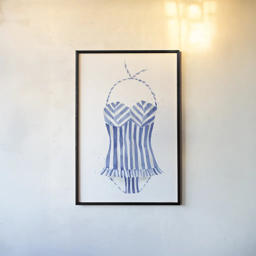 Vintage Swimwear I by Mercedes Lopez Charro. shown as a paper print in a black flame. Available as a archival giclee rolled canvas, fine art paper, or poster print. SKU 66614h.