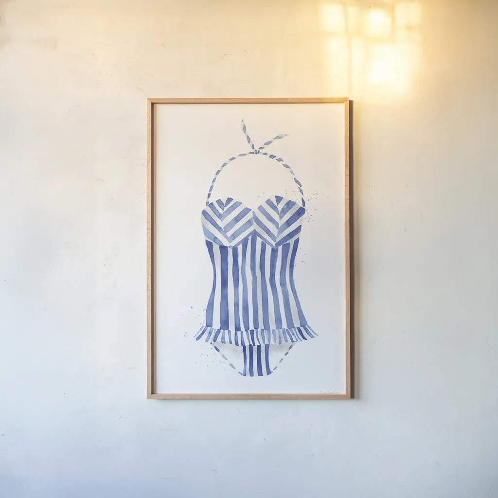 Vintage Swimwear I by Mercedes Lopez Charro. shown as a paper print in a natural frame. Available as a archival giclee rolled canvas, fine art paper, or poster print. SKU 66614h.