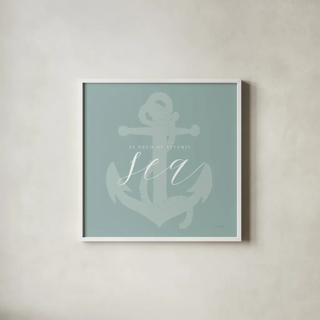 Vitamin Sea by Mercedes Lopez Charro. Shown in a crisp white glass frame for a clean and minimalist style. Available as an archival giclee rolled canvas, fine art paper, or poster print. SKU 68302a.