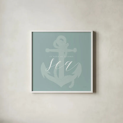 Vitamin Sea by Mercedes Lopez Charro. Shown in a crisp white glass frame for a clean and minimalist style. Available as an archival giclee rolled canvas, fine art paper, or poster print. SKU 68302a.