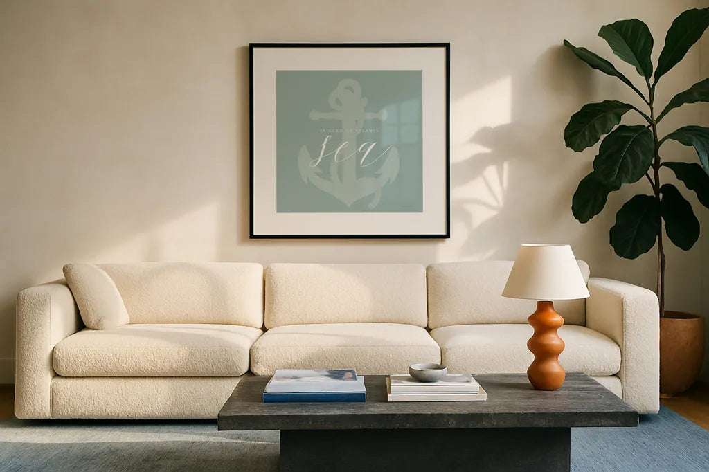 Vitamin Sea by Mercedes Lopez Charro. Displayed in a glass frame with matte in a clean modern living room. Available as an archival giclee rolled canvas, fine art paper, or poster print. SKU 68302a.