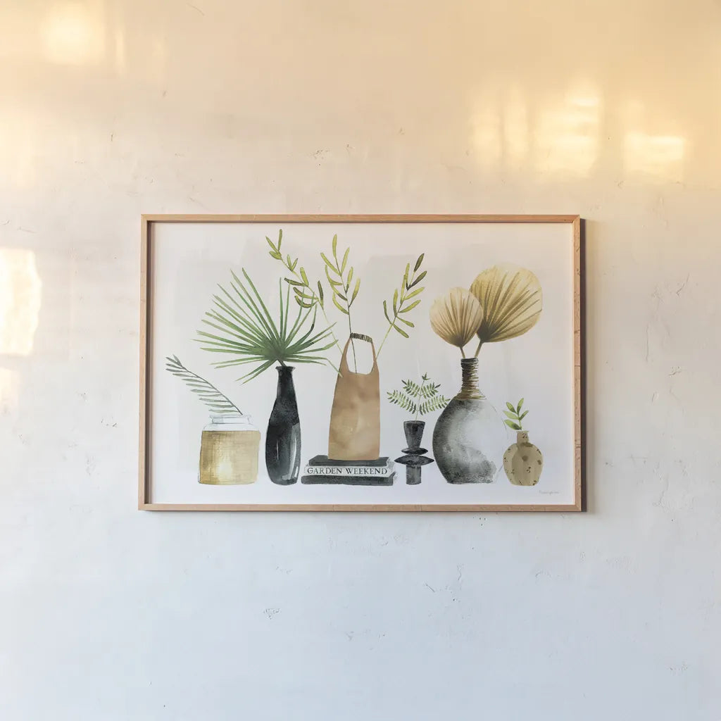 Weekend Plants I by Mercedes Lopez Charro. shown as a paper print in a natural frame. Available as a archival giclee rolled canvas, fine art paper, or poster print. SKU 79533i.