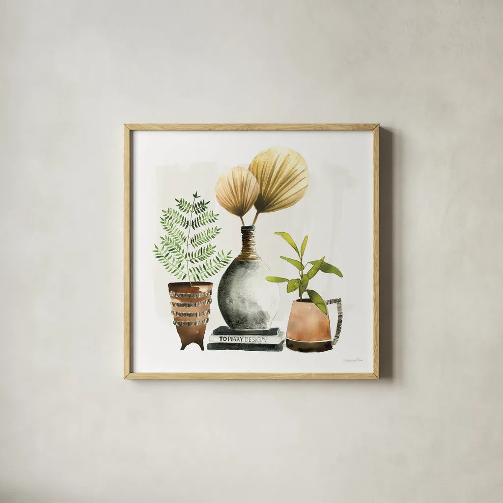 Weekend Plants II by Mercedes Lopez Charro. Shown in a natural wood glass frame for a timeless modern aesthetic. Available as an archival giclee rolled canvas, fine art paper, or poster print. SKU 79534a.