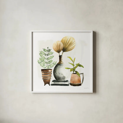 Weekend Plants II by Mercedes Lopez Charro. Shown in a crisp white glass frame for a clean and minimalist style. Available as an archival giclee rolled canvas, fine art paper, or poster print. SKU 79534a.