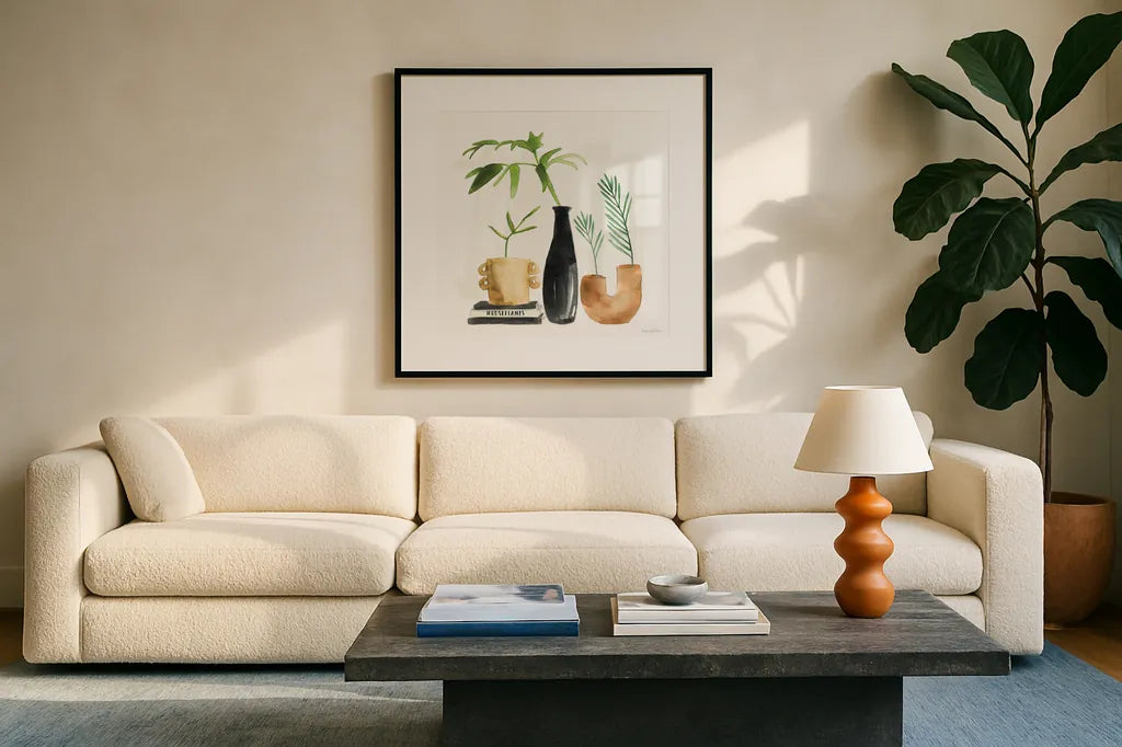 Weekend Plants III by Mercedes Lopez Charro. Displayed in a glass frame with matte in a clean modern living room. Available as an archival giclee rolled canvas, fine art paper, or poster print. SKU 79535a.