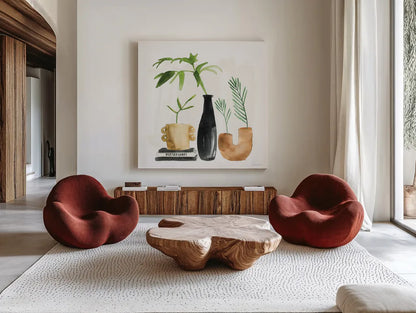 Weekend Plants III by Mercedes Lopez Charro. Shown as extra-large giant wall art in a modern living room. Available as an archival giclee rolled canvas, fine art paper, or poster print. SKU 79535a.
