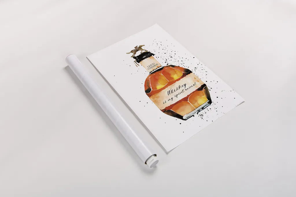 Whiskey is My Spirit Animal by Mercedes Lopez Charro. shown as a rolled paper print. Available as archival giclee rolled canvas, fine art paper, or poster print. SKU 66451h.