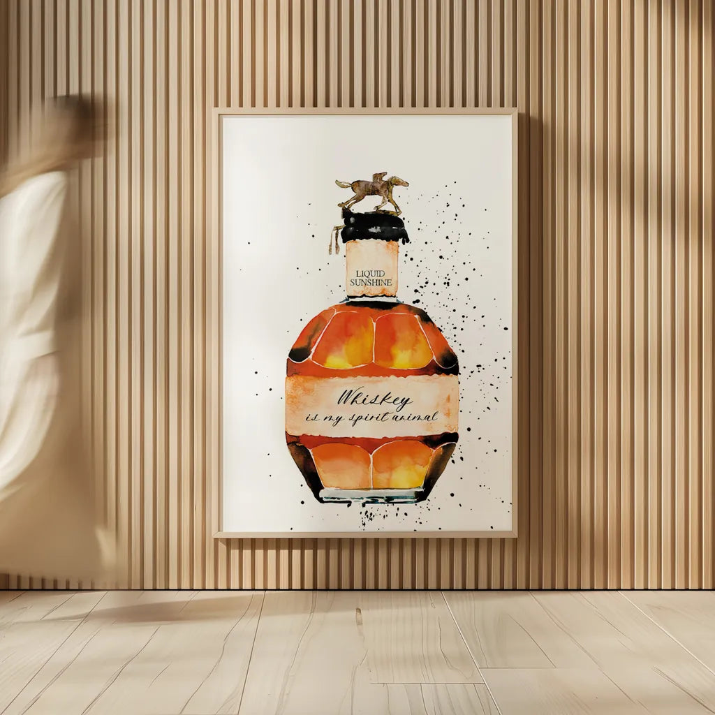 Whiskey is My Spirit Animal by Mercedes Lopez Charro. shown as over sized large wall art. Available as an archival giclee rolled canvas, fine art paper, or poster print. SKU 66451h.