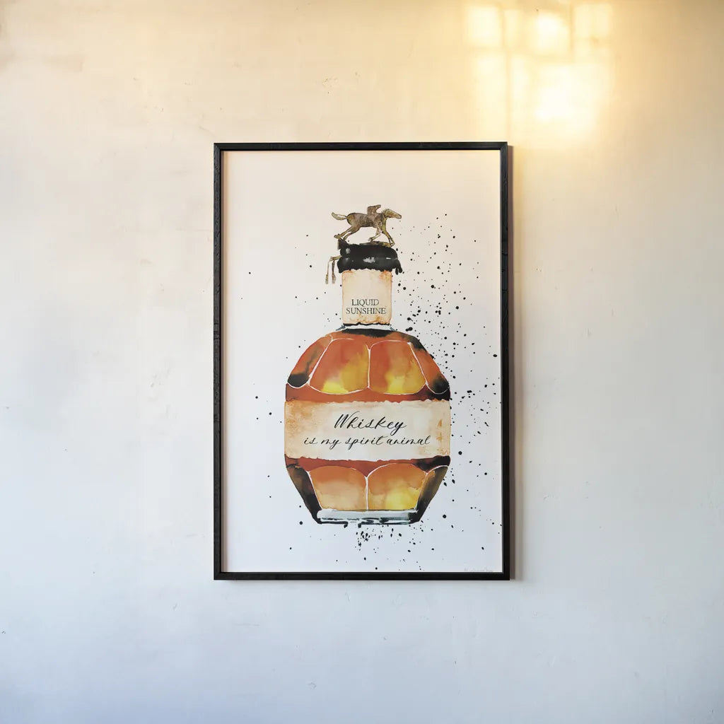 Whiskey is My Spirit Animal by Mercedes Lopez Charro. shown as a paper print in a black flame. Available as a archival giclee rolled canvas, fine art paper, or poster print. SKU 66451h.