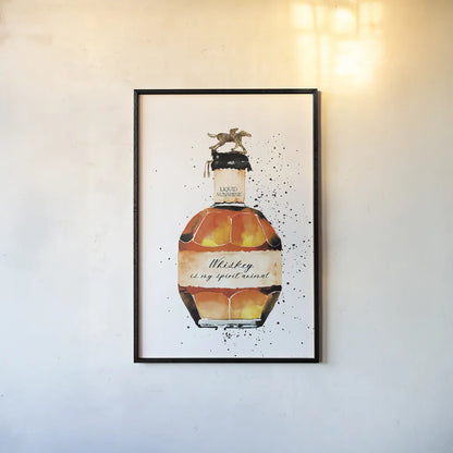 Whiskey is My Spirit Animal by Mercedes Lopez Charro. shown as a paper print in a black flame. Available as a archival giclee rolled canvas, fine art paper, or poster print. SKU 66451h.