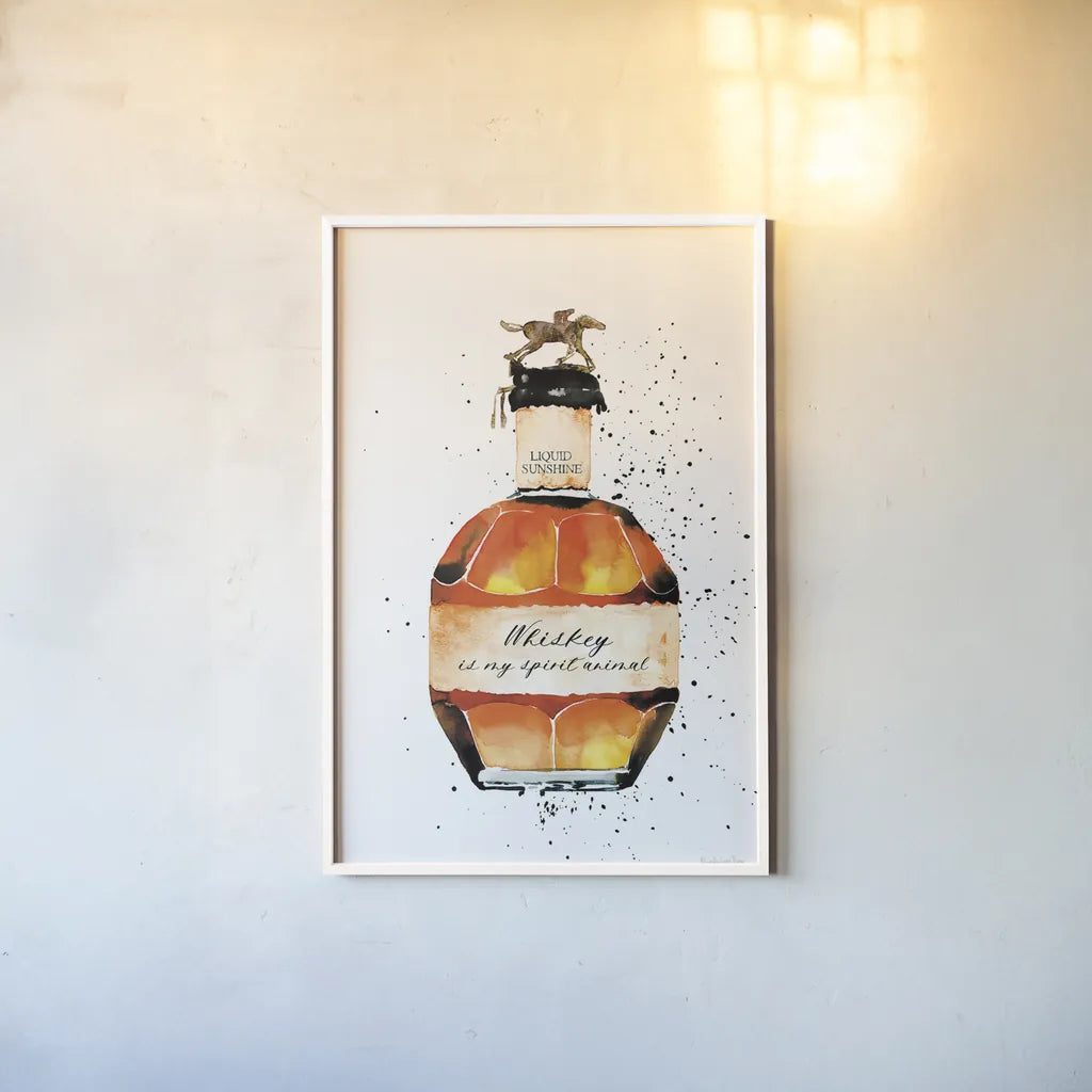 Whiskey is My Spirit Animal by Mercedes Lopez Charro. shown as a paper print in a white frame. Available as a archival giclee rolled canvas, fine art paper, or poster print. SKU 66451h.