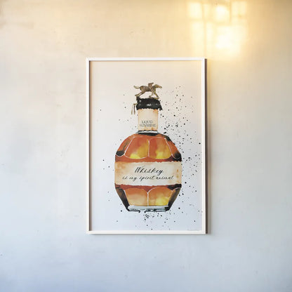 Whiskey is My Spirit Animal by Mercedes Lopez Charro. shown as a paper print in a white frame. Available as a archival giclee rolled canvas, fine art paper, or poster print. SKU 66451h.