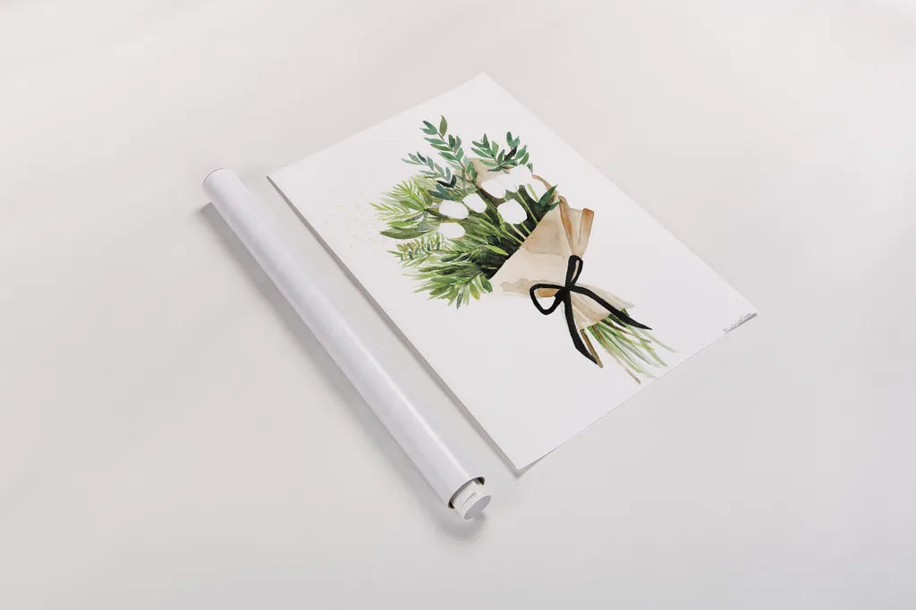 White Tulips by Mercedes Lopez Charro. shown as a rolled paper print. Available as archival giclee rolled canvas, fine art paper, or poster print. SKU 72147h.