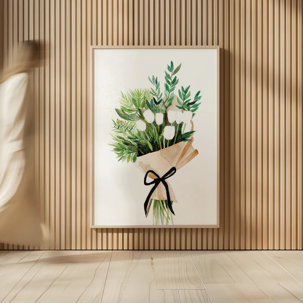 White Tulips by Mercedes Lopez Charro. shown as over sized large wall art. Available as an archival giclee rolled canvas, fine art paper, or poster print. SKU 72147h.