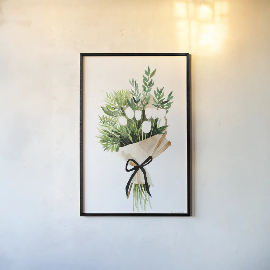 White Tulips by Mercedes Lopez Charro. shown as a paper print in a black flame. Available as a archival giclee rolled canvas, fine art paper, or poster print. SKU 72147h.