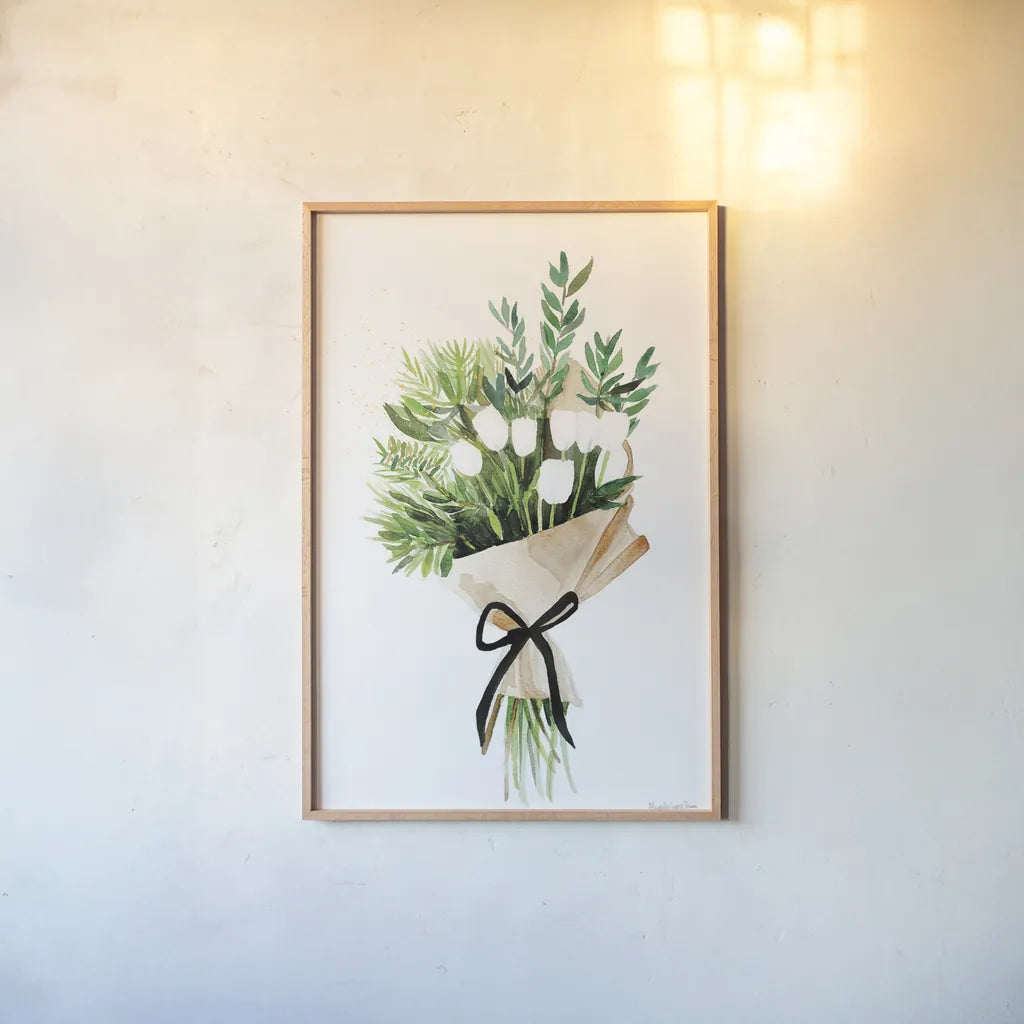 White Tulips by Mercedes Lopez Charro. shown as a paper print in a natural frame. Available as a archival giclee rolled canvas, fine art paper, or poster print. SKU 72147h.