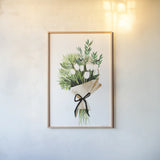 White Tulips by Mercedes Lopez Charro. shown as a paper print in a natural frame. Available as a archival giclee rolled canvas, fine art paper, or poster print. SKU 72147h.