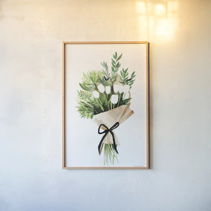 White Tulips by Mercedes Lopez Charro. shown as a paper print in a natural frame. Available as a archival giclee rolled canvas, fine art paper, or poster print. SKU 72147h.