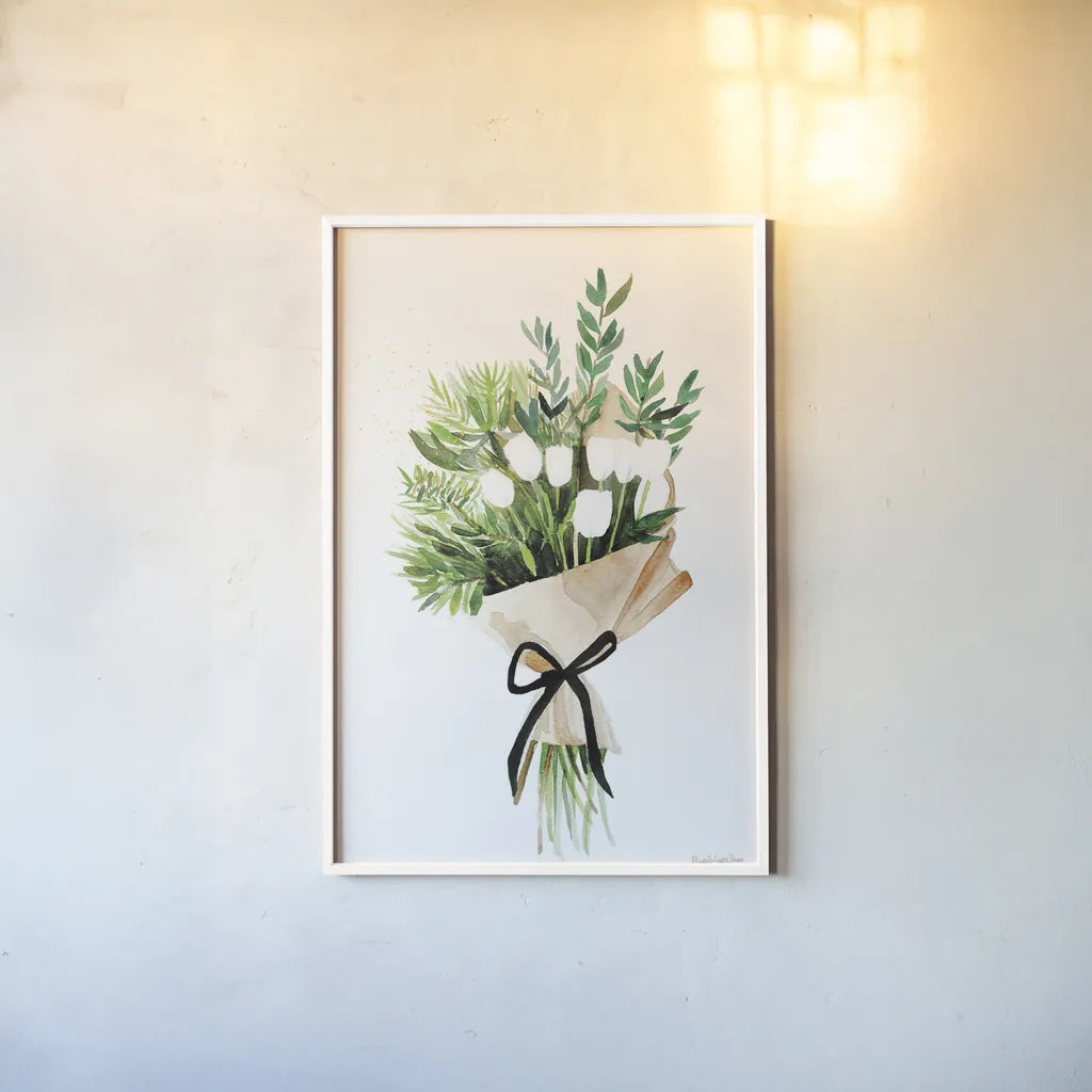 White Tulips by Mercedes Lopez Charro. shown as a paper print in a white frame. Available as a archival giclee rolled canvas, fine art paper, or poster print. SKU 72147h.