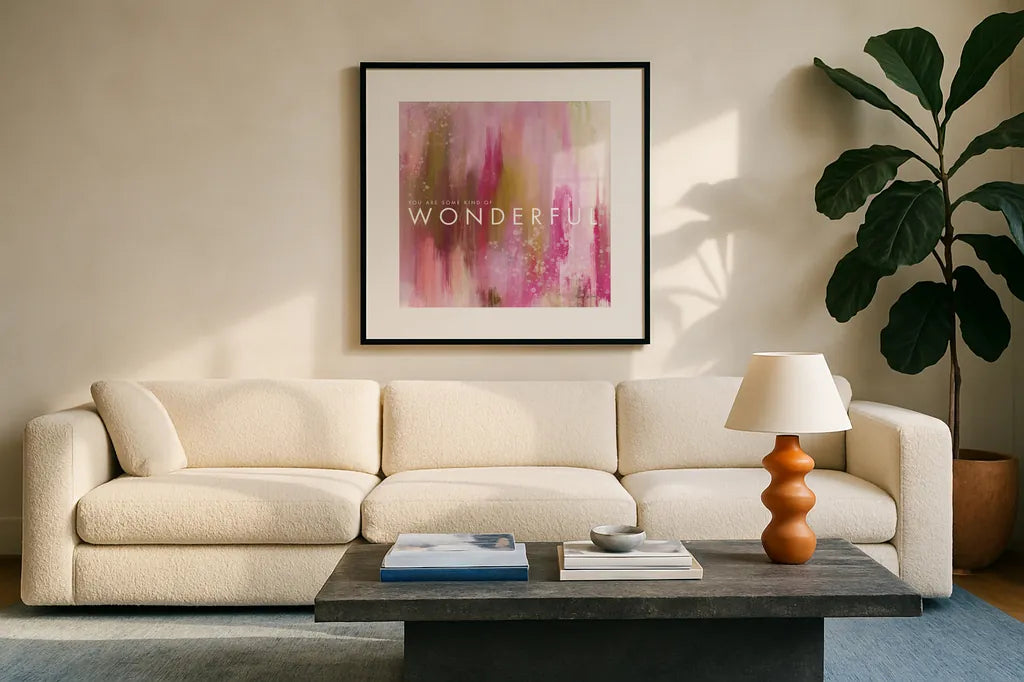Wonderful by Mercedes Lopez Charro. Displayed in a glass frame with matte in a clean modern living room. Available as an archival giclee rolled canvas, fine art paper, or poster print. SKU 67824a.