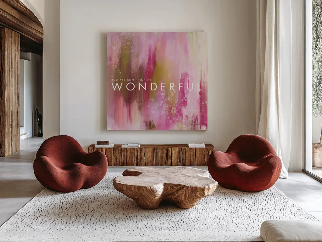 Wonderful by Mercedes Lopez Charro. Shown as extra-large giant wall art in a modern living room. Available as an archival giclee rolled canvas, fine art paper, or poster print. SKU 67824a.