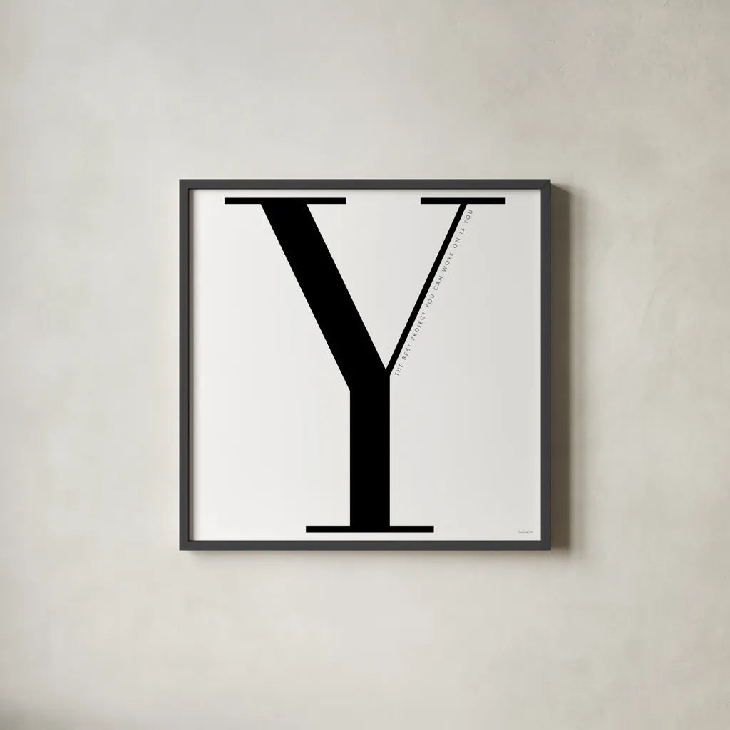 Y is for You on White by Mercedes Lopez Charro. Shown in a sleek black glass frame for a contemporary gallery look. Available as an archival giclee rolled canvas, fine art paper, or poster print. SKU 64151a.