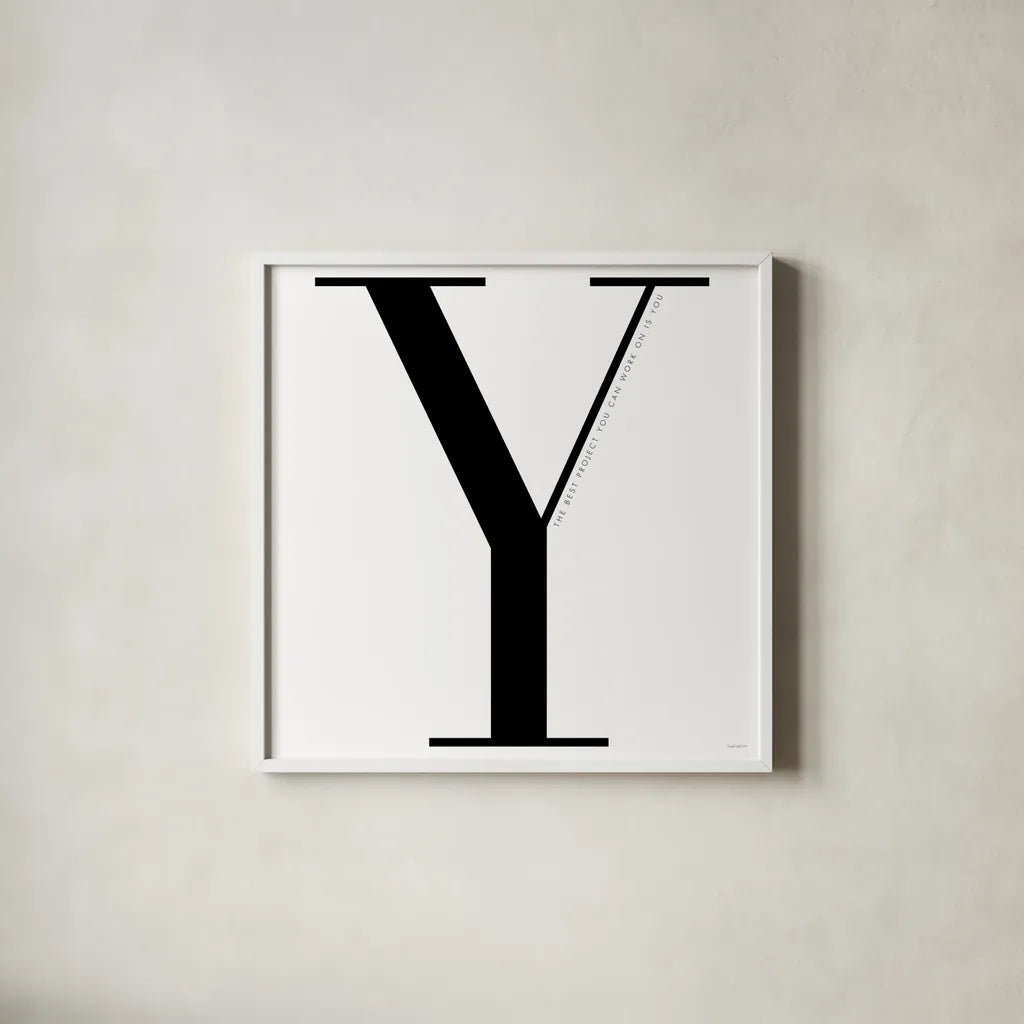 Y is for You on White by Mercedes Lopez Charro. Shown in a crisp white glass frame for a clean and minimalist style. Available as an archival giclee rolled canvas, fine art paper, or poster print. SKU 64151a.