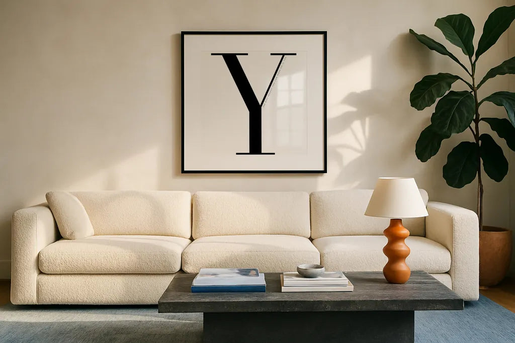 Y is for You on White by Mercedes Lopez Charro. Displayed in a glass frame with matte in a clean modern living room. Available as an archival giclee rolled canvas, fine art paper, or poster print. SKU 64151a.