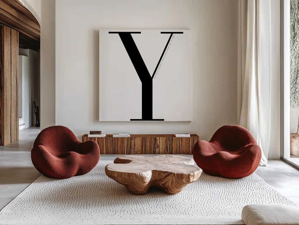 Y is for You on White by Mercedes Lopez Charro. Shown as extra-large giant wall art in a modern living room. Available as an archival giclee rolled canvas, fine art paper, or poster print. SKU 64151a.