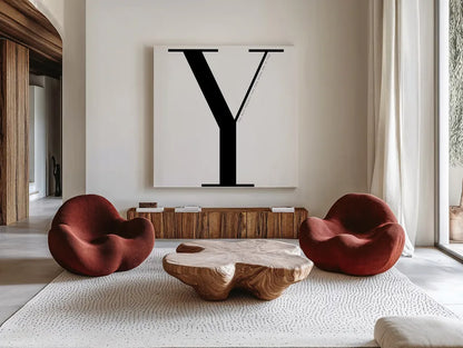 Y is for You on White by Mercedes Lopez Charro. Shown as extra-large giant wall art in a modern living room. Available as an archival giclee rolled canvas, fine art paper, or poster print. SKU 64151a.