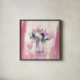 An Arrangement of Pink Flowers by Michael Clark. Shown in a sleek black glass frame for a contemporary gallery look. Available as an archival giclee rolled canvas, fine art paper, or poster print. SKU 8702a.