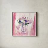 An Arrangement of Pink Flowers by Michael Clark. Shown in a crisp white glass frame for a clean and minimalist style. Available as an archival giclee rolled canvas, fine art paper, or poster print. SKU 8702a.